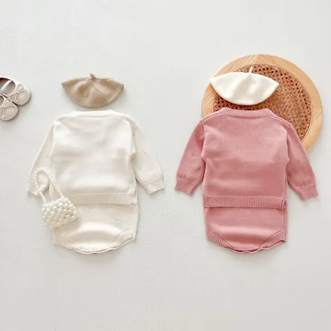 Infant Baby Girl Knit Sweater Cardigan And Strap Romper Cute Floral Embroidery Long Sleeve Cotton Blend Infant Outfit Set