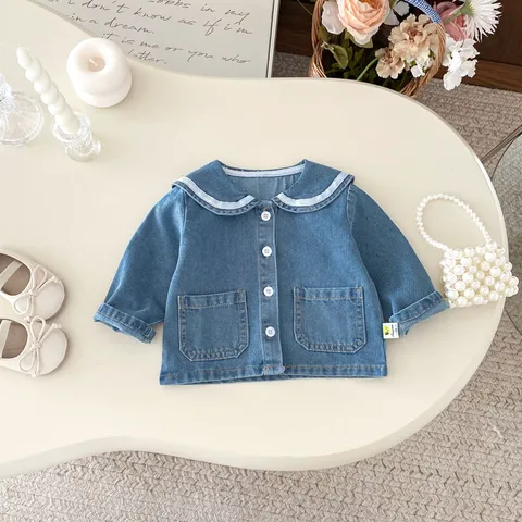 Baby Girls Denim Jacket Fall Toddler Long Sleeve Sailor Collar Single-Breasted Outerwear Infant Casual Cotton Coat