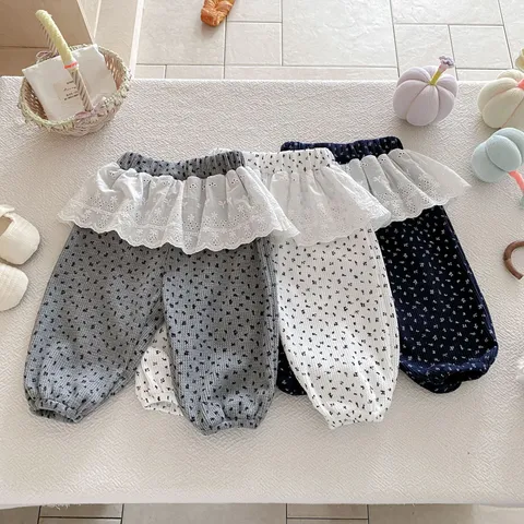 Infant Baby Girls Floral Leggings Korean Style Cotton Long Pants Cute Lace Ruffle Waist Autumn Toddler Children Pants