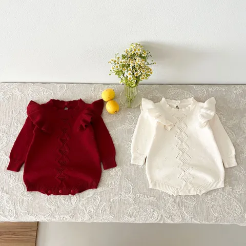 Infant Baby Girl Fall Winter Knitted Romper Cute Ruffle Flying Sleeve Pullover Cotton Bodysuit
