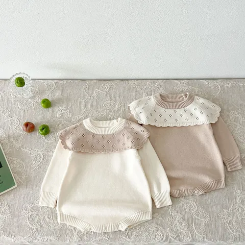 Nourrisson Bébé Fille Tricoté Ajouré Col Lotus Manches Longues Romper Pur Coton Jumpsuit Mignon Vêtements Quotidiens