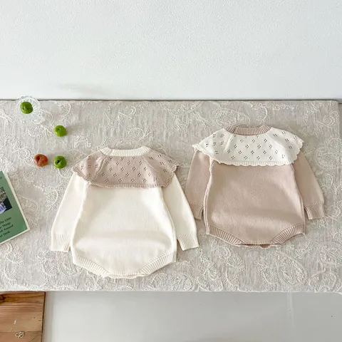 Nourrisson Bébé Fille Tricoté Ajouré Col Lotus Manches Longues Romper Pur Coton Jumpsuit Mignon Vêtements Quotidiens
