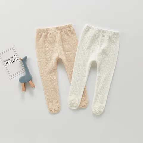 Nourrisson Bébé Filles Collants Côtes Coton Couleur Unie Collants Pieds Avec Floral Mignon Tout-Petit Automne Pantalon Vêtements