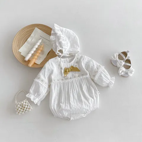 Nourrisson Bébé Filles Manches Longues Dentelle À Capuche Barboteuse Coton Couleur Unie Nœud Printemps Automne Mignon Jumpsuit
