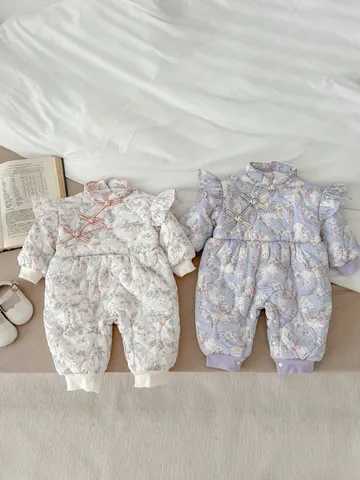 Baby Girls Cute Rabbit Ears Fleece Romper Winter Warm Long Sleeve Cotton Jumpsuit Infant Toddler Outfits