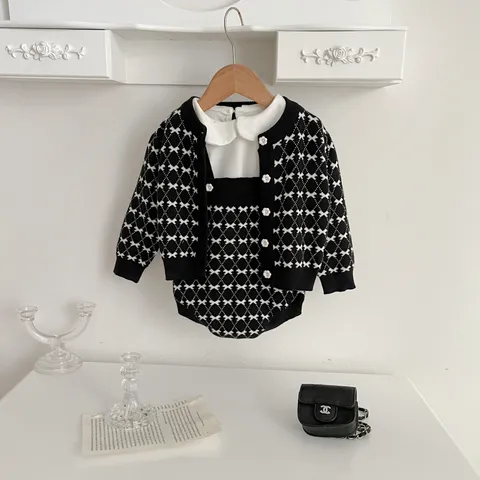 Infant Baby Girls Knit Cardigan Romper T-Shirt Set Newborn Chic Black White Long Sleeve Top Toddler Clothing