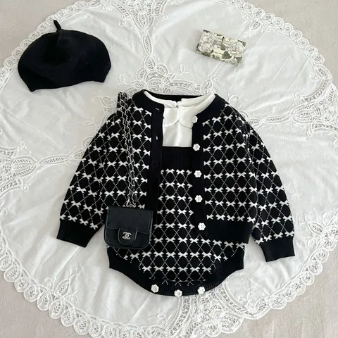 Infant Baby Girls Knit Cardigan Romper T-Shirt Set Newborn Chic Black White Long Sleeve Top Toddler Clothing