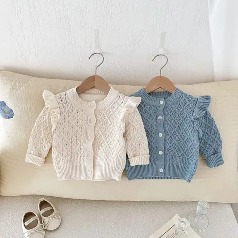 Baby Girls Diamond Jacquard Cardigan Sweater Toddler Flutter Sleeve Knit Cotton Outerwear Cute Fall Winter Clothes