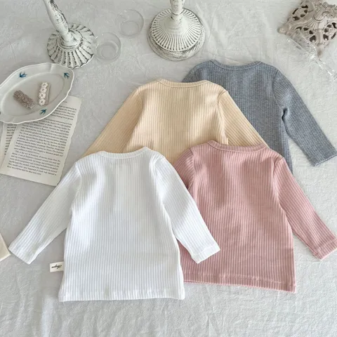 Infant Cotton Long Sleeve T-Shirt Newborn Crew Neck Solid Color Ribbed Base Shirt Toddler Boys Girls Autumn Clothes