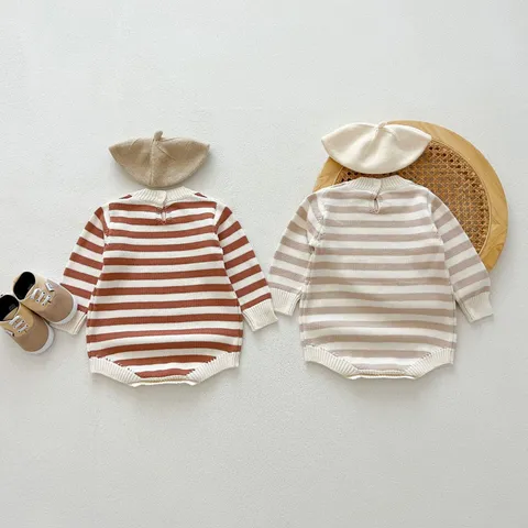 Neugeborene Baby Jungen Mädchen Strick Strampler Herbst Langarm Rundhals Gestreifter Jumpsuit Kleinkind Casual Einteiler