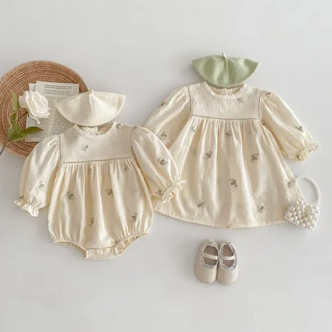 Infant Baby Girls Long Sleeve Floral Embroidery Romper Dress Cotton Sweet Princess Sister Matching Outfit