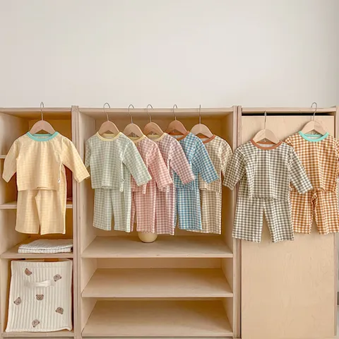 Baby Clothing Set Infant Cotton Plaid Long Sleeve Top High Waist Belly Protection Pants Two Piece Set Spring Autumn