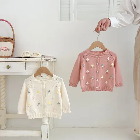 Baby Girls Handmade Embroidered Cardigan Sweater Infant Raglan Sleeve Cotton Knitwear Toddler Cute Outerwear