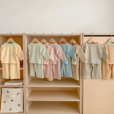 Baby Clothing Set Infant Cotton Plaid Long Sleeve Top High Waist Belly Protection Pants Two Piece Set Spring Autumn