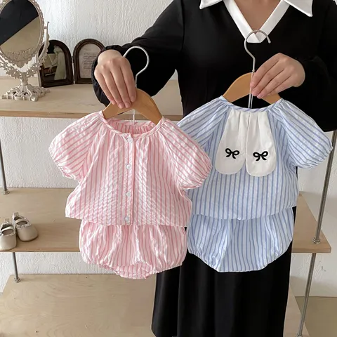 Baby Girls Summer Korean Style Striped Short Sleeve Top And Shorts Set Cute Bunny Ears Embroidered Toddler Outfit