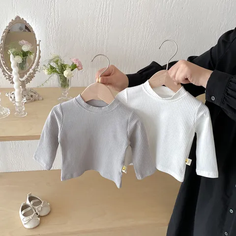Infant Baby Girls Long Sleeve T-Shirt Solid Color Ribbed Cotton Basic Pullover Tops Kids Autumn Daily Clothing