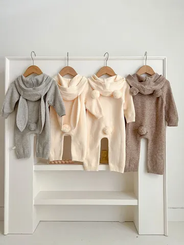 Mameluco de Algodón para Bebé Lindas Orejas de Oso Conejo Jumpsuit con Capucha Infante Manga Larga Otoño Invierno Ropa de Bebé