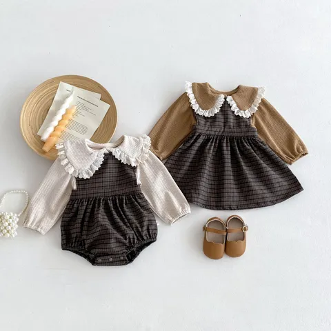 Infant Baby Girls Plaid Romper Dress Tops Korean Style Cute Cotton Sister Matching Outfit Casual Infant Clothing