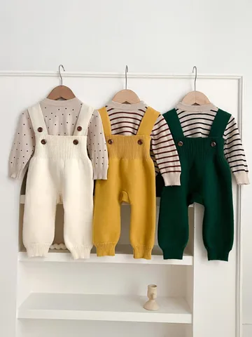 Infant Baby Knitted Strap Trousers And Sweater Long Sleeve Top Cotton Blend Korean Style Cute Casual Infant Clothing