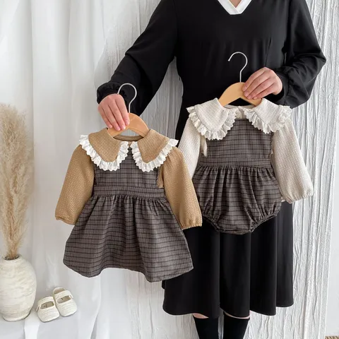 Infant Baby Girls Plaid Romper Dress Tops Korean Style Cute Cotton Sister Matching Outfit Casual Infant Clothing