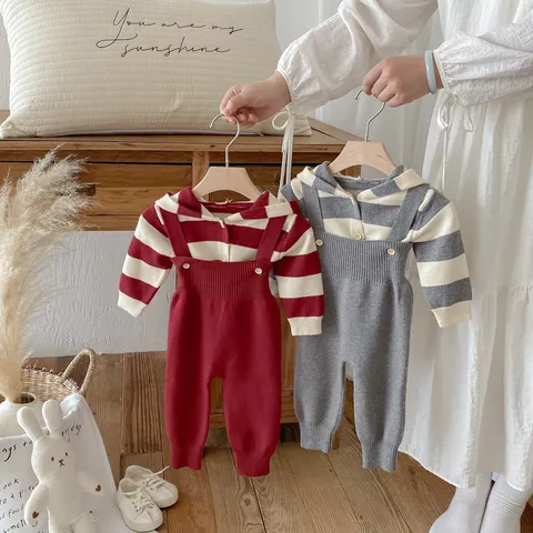 Conjunto de Punto para Bebé Recién Nacido Sudadera con Capucha de Manga Larga y Peto Traje de Dos Piezas Unisex Ropa Casual de Otoño