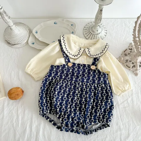 Baby Mädchen Herbst Kleidung Set Langarm Besticktes Hemd Jacquard Hosenträger Strampler