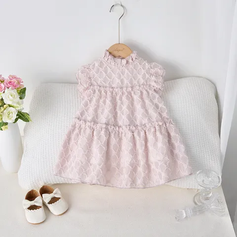 Baby Girls Summer Mesh Tiered Princess Dress Sweet Stand Collar Short Sleeve Cotton Dress