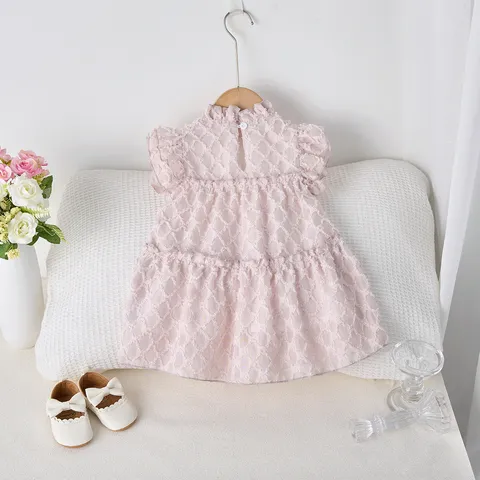 Baby Girls Summer Mesh Tiered Princess Dress Sweet Stand Collar Short Sleeve Cotton Dress