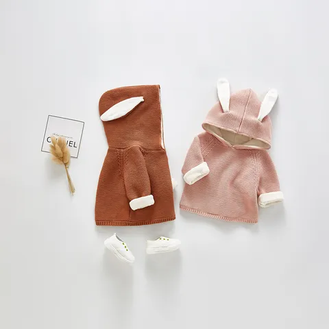 Infant Baby Hooded Sweater Cute Rabbit Ears Fleece Lined Cardigan Long Sleeve Cotton Knitwear Newborn Winter Warm Top