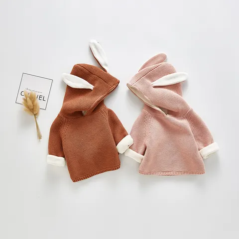 Infant Baby Hooded Sweater Cute Rabbit Ears Fleece Lined Cardigan Long Sleeve Cotton Knitwear Newborn Winter Warm Top