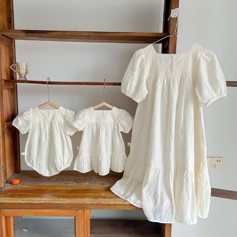 Mother and Daughter Matching Outfit Summer White Embroidery Bubble Short Sleeve Dress Baby Romper Family Clothes