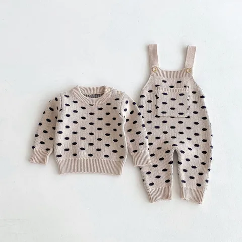 Infant Baby Knit Sweater And Bib Pants Set Toddler Cotton Polka Dot Long Sleeve Top Bottom Matching Clothing Outfit