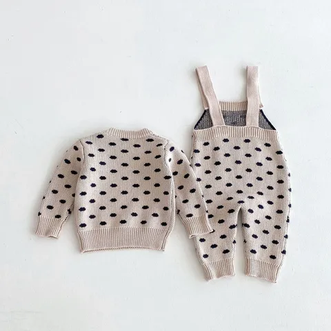 Infant Baby Knit Sweater And Bib Pants Set Toddler Cotton Polka Dot Long Sleeve Top Bottom Matching Clothing Outfit
