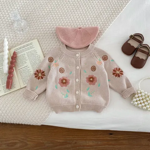 Toddler Baby Girls Floral Knit Cardigan Cute Cotton Long Sleeve Crew Neck Sweater Coat Spring