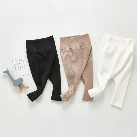 Infant Baby Pure Cotton High Waist Long Pants Newborn Toddler Casual Ribbed Leggings Solid Color Spring Autumn