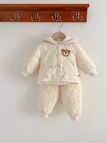 Baby Winter Thickened Cotton Padded Jacket And Pants Set Infant Cute Cartoon Bear Hooded Fleece Lined Warm Two Piece Outfit