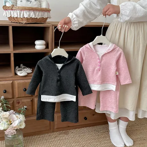 Mädchen Frühling Kapuzenpullover Und Weite Hose Zweiteiliges Set Kinder Lässiger Langarm Pullover Einfarbig Baumwolle Outfit