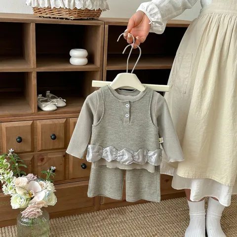 Infant Baby Girls Cotton Waffle Knit Outfit Set Long Sleeve Pullover Top Vest And Pants Korean Style Cute Toddler Clothing