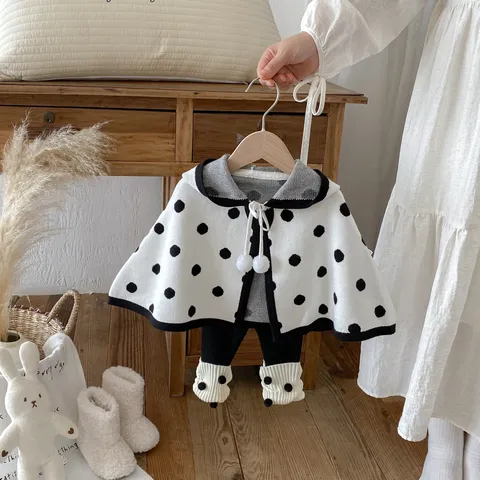 Baby Autumn Winter Knitted Cape Shawl Cute Princess Outerwear Infant Polka Dot Hooded Cardigan Girl Clothes