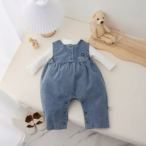 Baby Girls Spring Autumn Outfit Set Long Sleeve Ribbed Top And Denim Jumpsuit Toddler Children Clothing
