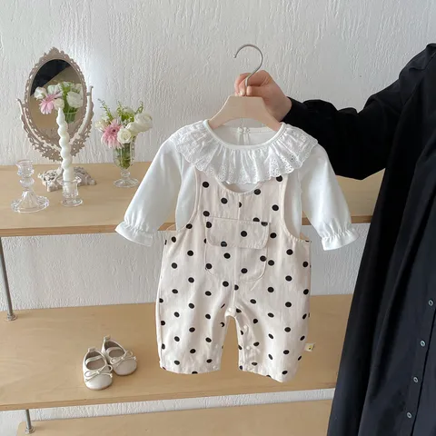 Infant Baby Girl Fall Polka Dot Strap Romper And Long Sleeve Lace Collar Undershirt Cotton Two Piece Set Outfits