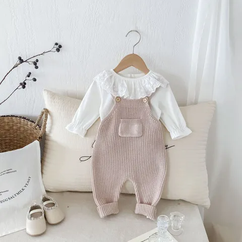 Kleinkind Baby Mädchen Strick Strampler Set Langarm Spitzenkragen Bluse Und Trägerhose Koreanischer Stil Herbst Kleinkind Kleidung