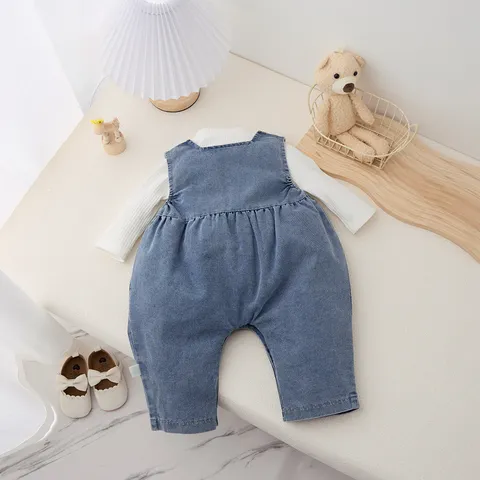 Baby Girls Spring Autumn Outfit Set Long Sleeve Ribbed Top And Denim Jumpsuit Toddler Children Clothing