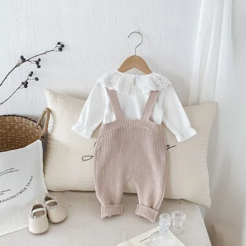 Kleinkind Baby Mädchen Strick Strampler Set Langarm Spitzenkragen Bluse Und Trägerhose Koreanischer Stil Herbst Kleinkind Kleidung