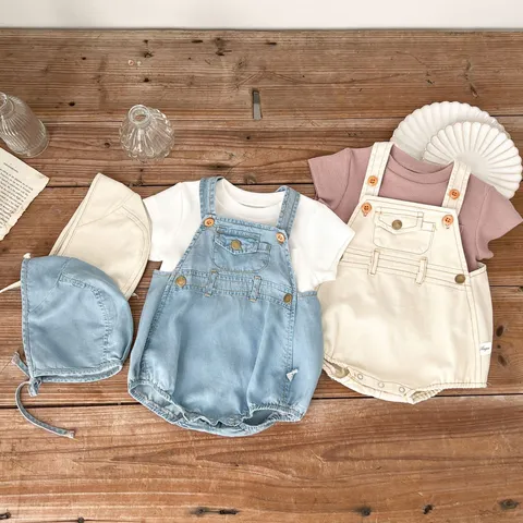 Sommer Dünnes Baby Strampler Set Baumwolle Kurzarm Top Und Latzhose Mit Hut Unisex Kleinkind Kleidung