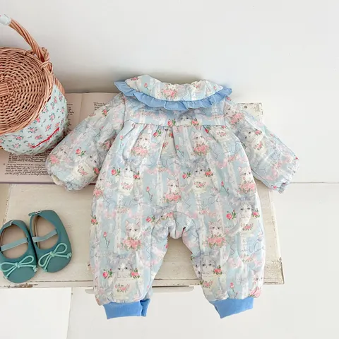 Baby Girls Winter Thickened Fleece Cotton Romper Cute Cat Floral Print Long Sleeve Jumpsuit Infant Warm Outfits