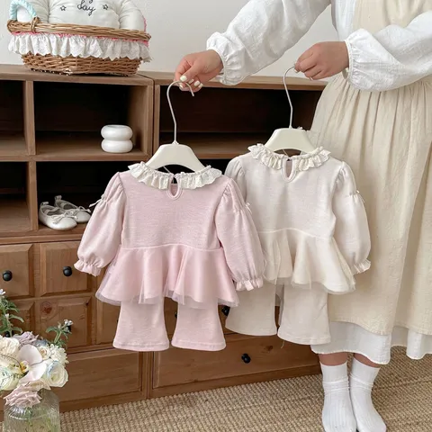 Girls Casual Cotton Top And Bottom Long Sleeve Mesh Doll Shirt Flared Pants Children Spring Outfit