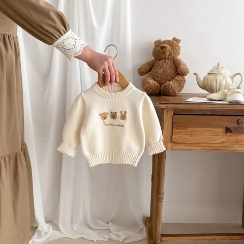 Baby Kids Cotton Crew Neck Long Sleeve Pullover Sweater Cute Animal Embroidery Soft Casual Knitwear Warm Top