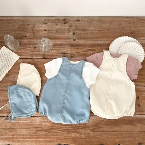 Sommer Dünnes Baby Strampler Set Baumwolle Kurzarm Top Und Latzhose Mit Hut Unisex Kleinkind Kleidung