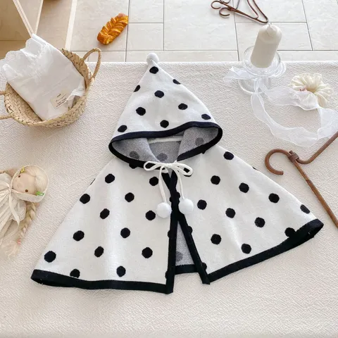 Baby Autumn Winter Knitted Cape Shawl Cute Princess Outerwear Infant Polka Dot Hooded Cardigan Girl Clothes